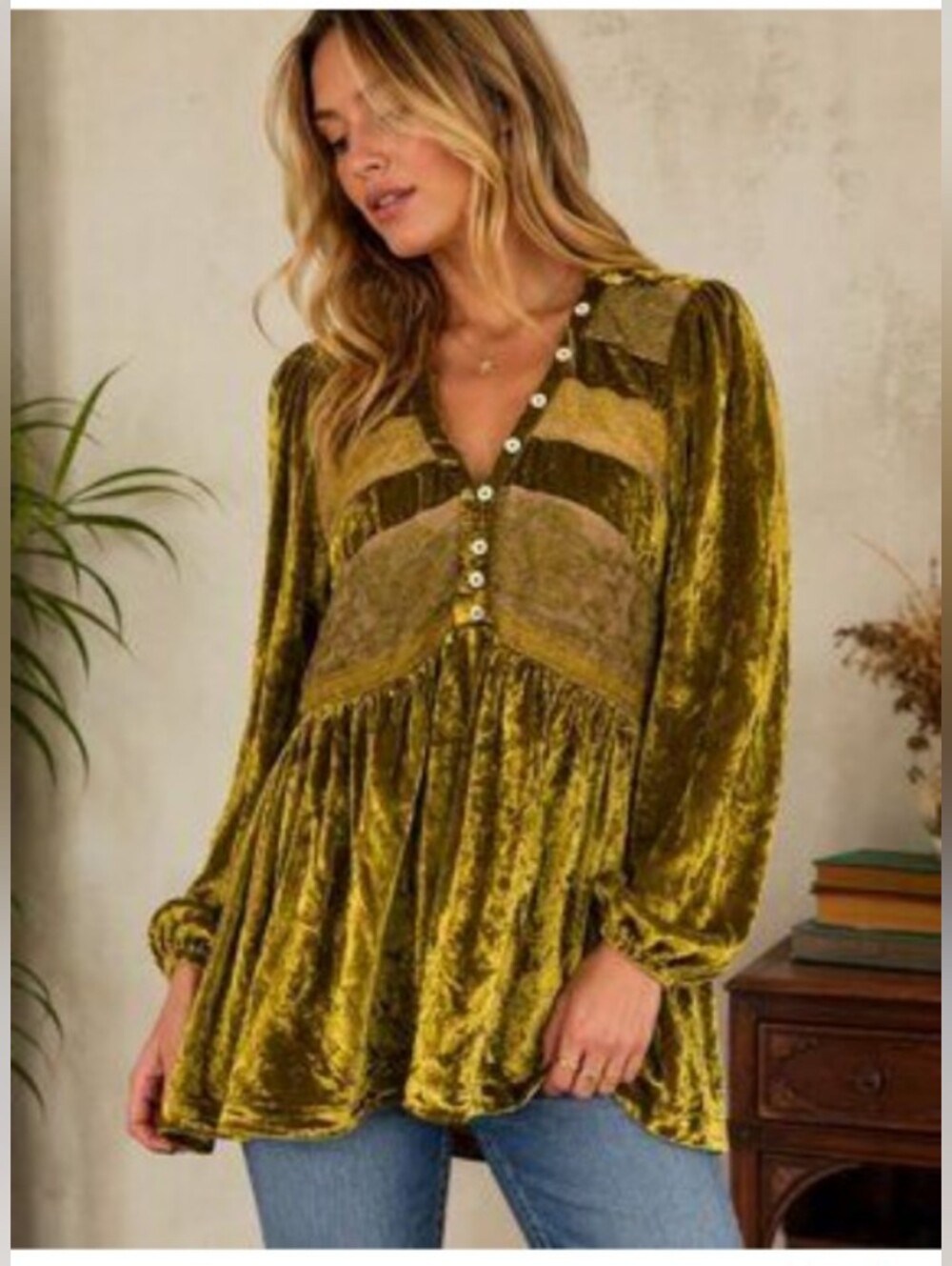 Anthropologie Olive-Gold Velvet Button Front Tunic
